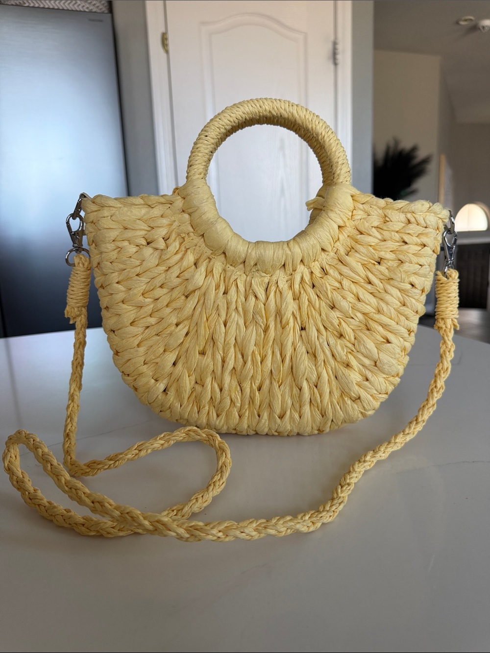 Forever 21 Yellow Woven Straw Circle Handle Crossbody